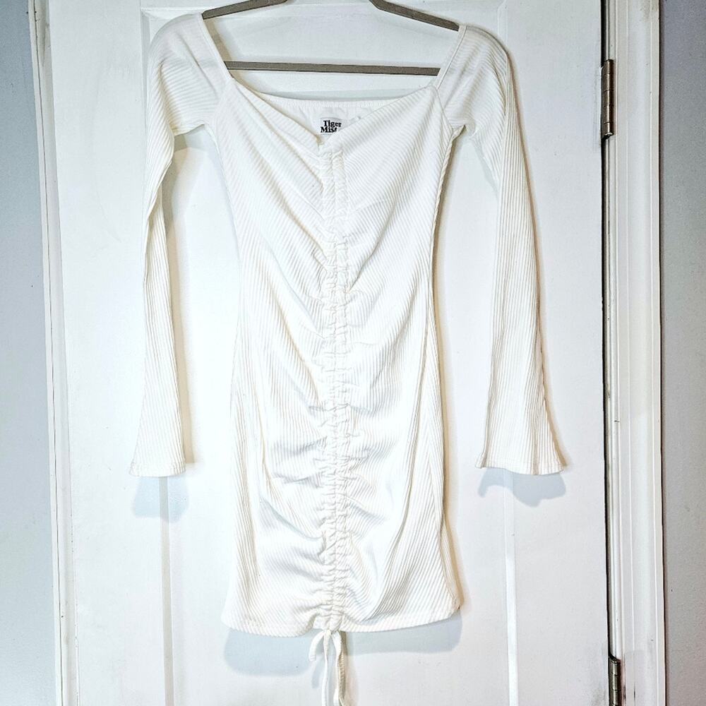 Tiger Mist White Off White Ruched Ribbed Bodycon Mini Dress Long Sleeve XS